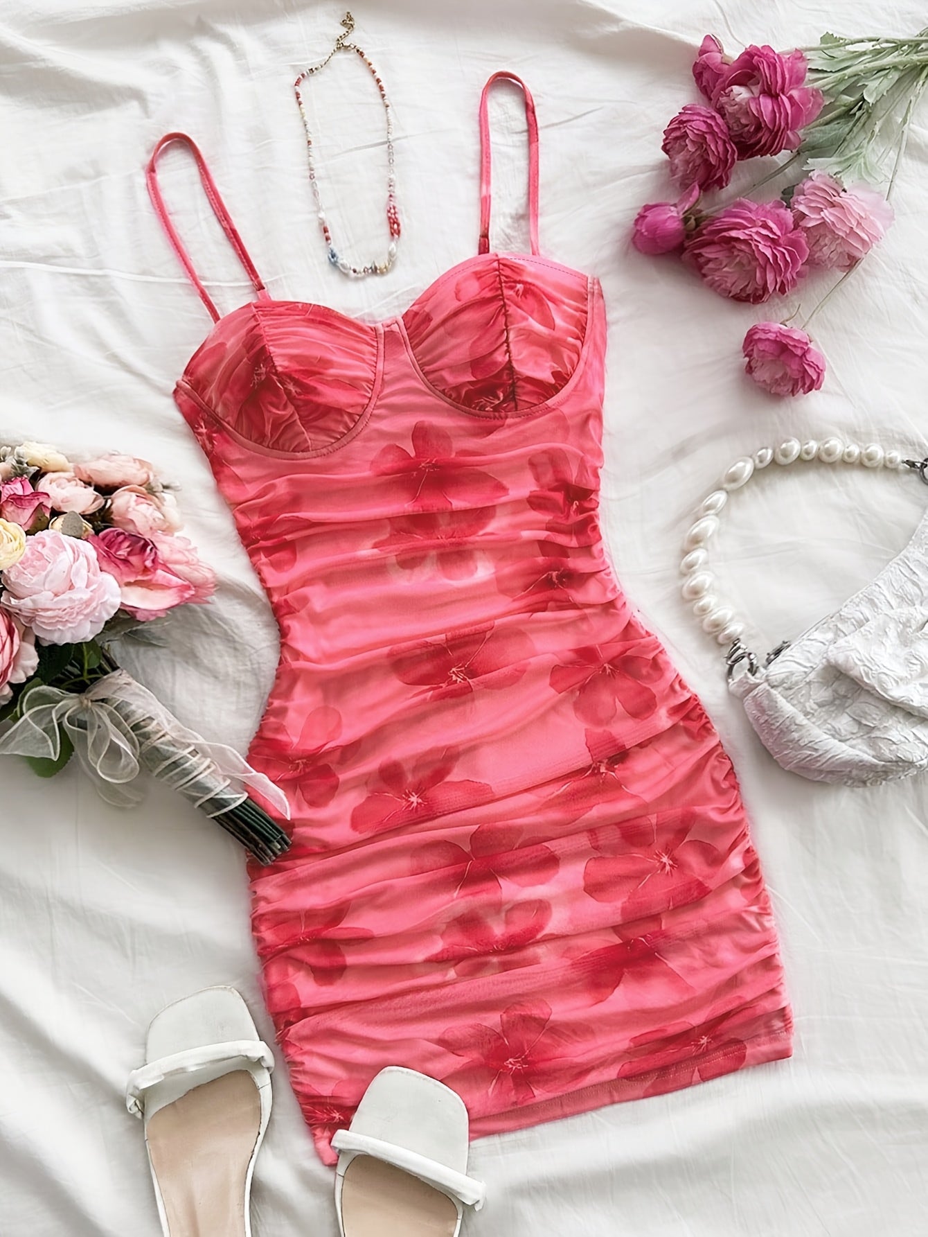Women'S Sexy Floral Print Bodycon Mini Dress, Strapless Knit Fabric, Polyester 95% Spandex 5%, Lightweight 95-108 g/m², Perfect for Spring/Summer/Fall